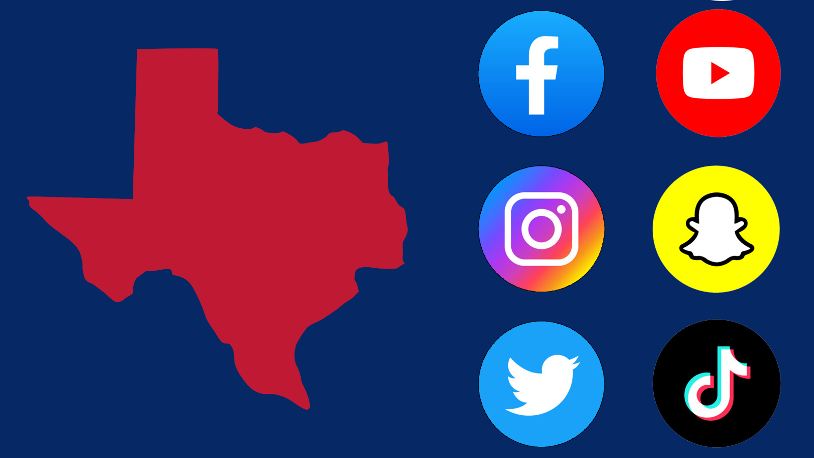 Graphic of the state of Texas outline with social media icons for Facebook, YouTube, Instagram, Snapchat, Twitter, and TikTok